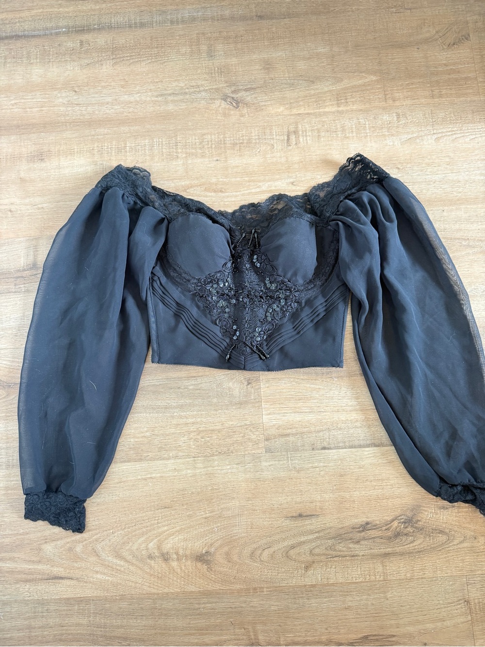 Vintage Corset Long Sleeve Top Beaded Embroidered Whimsigoth Dark Romantic Vamp - Picture 4 of 13